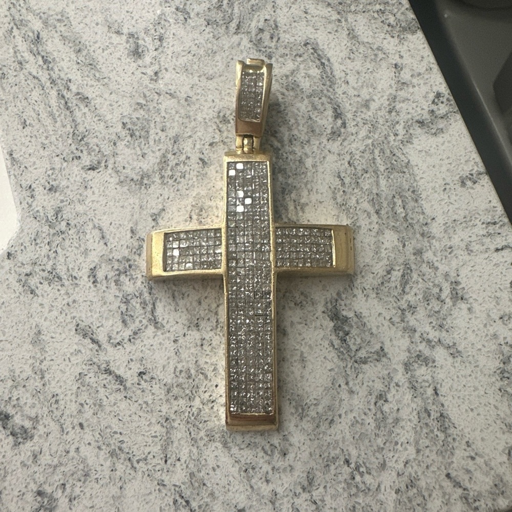 14k Gold Princess Cut Diamond Cross Pendant